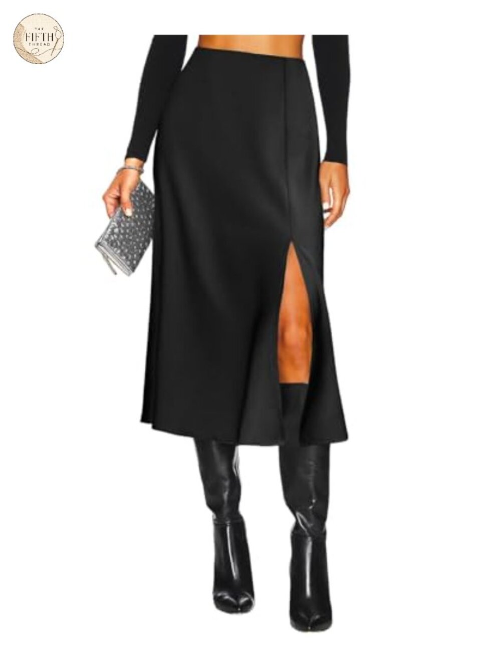 High Waisted Satin Midi Skirt with Slit A-Line Silhouette